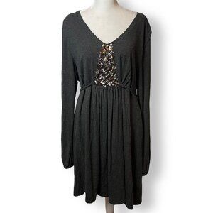 Boden Size 16 Women's Dress Solid Gray Jersey Long Sleeve V Neck Sequins